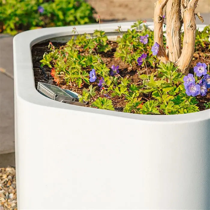 white angular fiberglass planter with plants