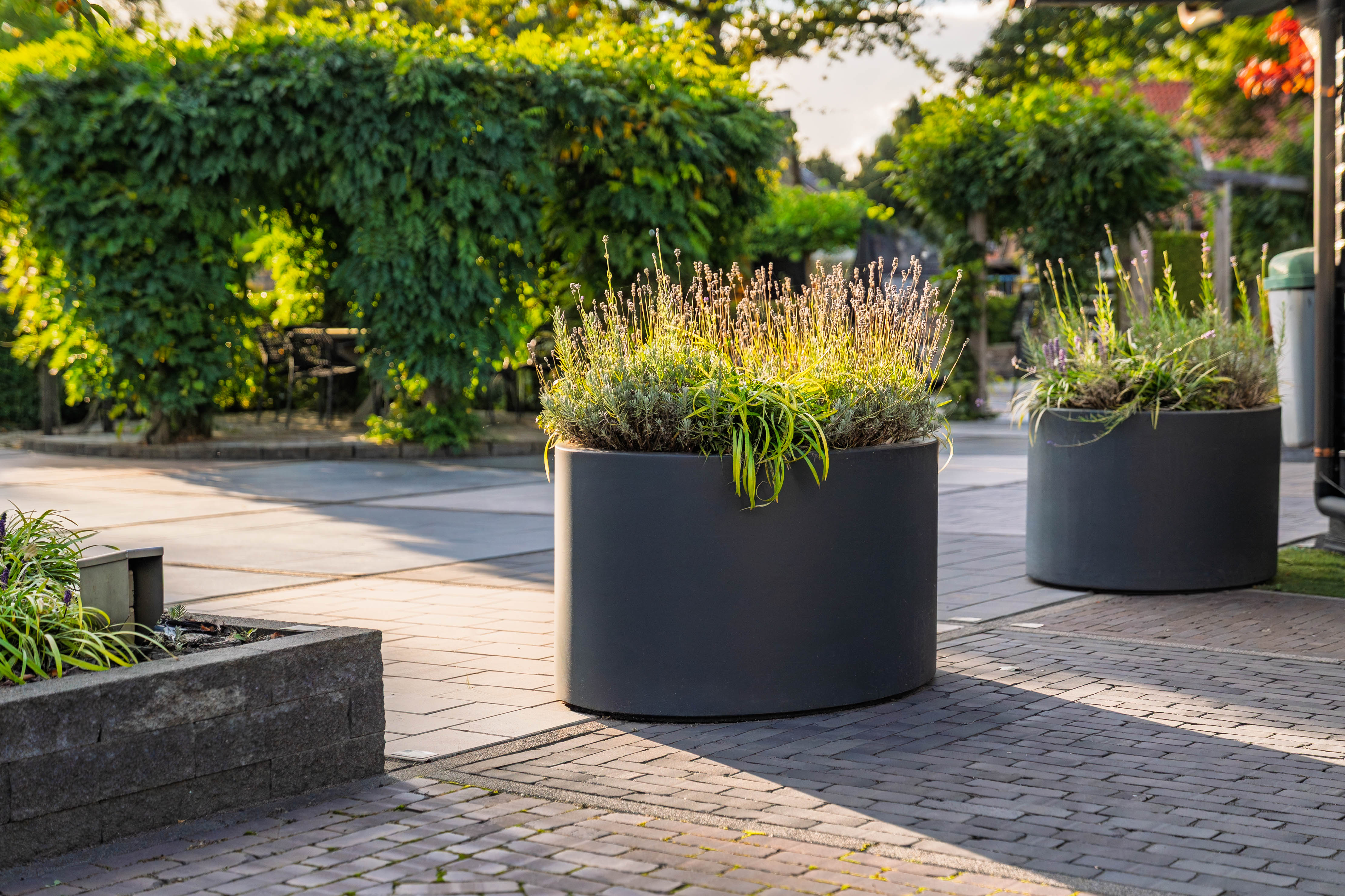 Two black cylindrical planters with greenery on a patio area.