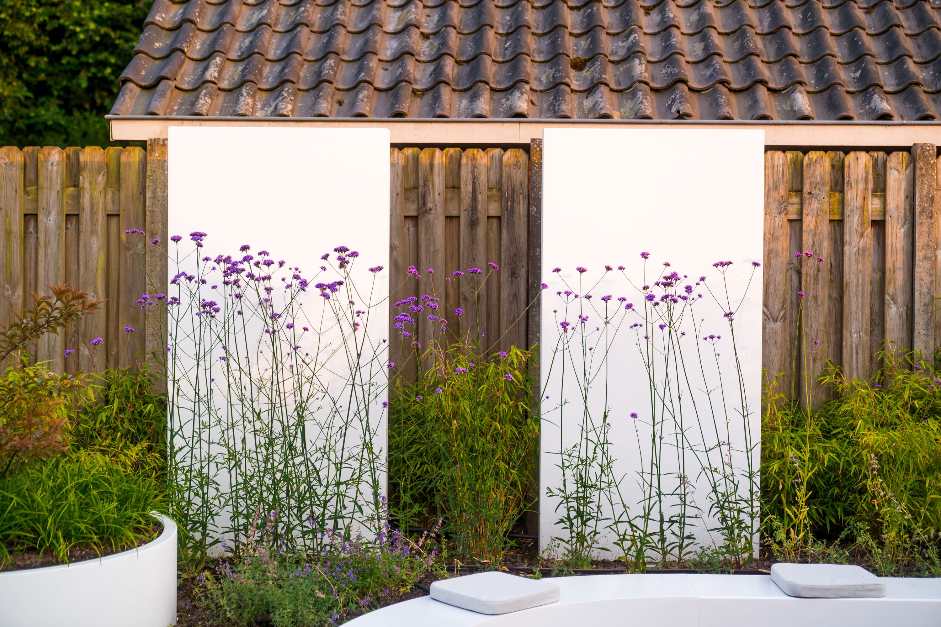 A white garden shed with a brown tiled roof, wooden doors, and tall purple flowers growing in front, set against a wooden fence with green plants and a white patio surface in the foreground.