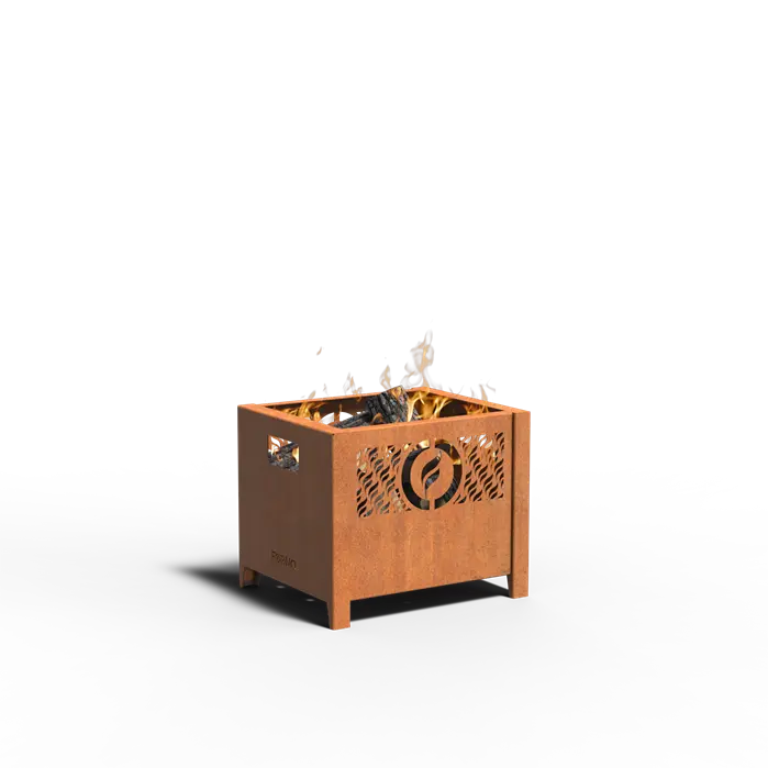 corten steel decorative fire crate with lit fire 