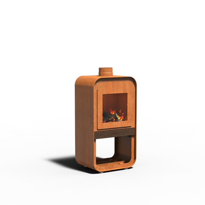 A modern compact wood-burning fireplace with a warm terracotta-brown finish, featuring a glass front window showing a fire, set against a plain white background.