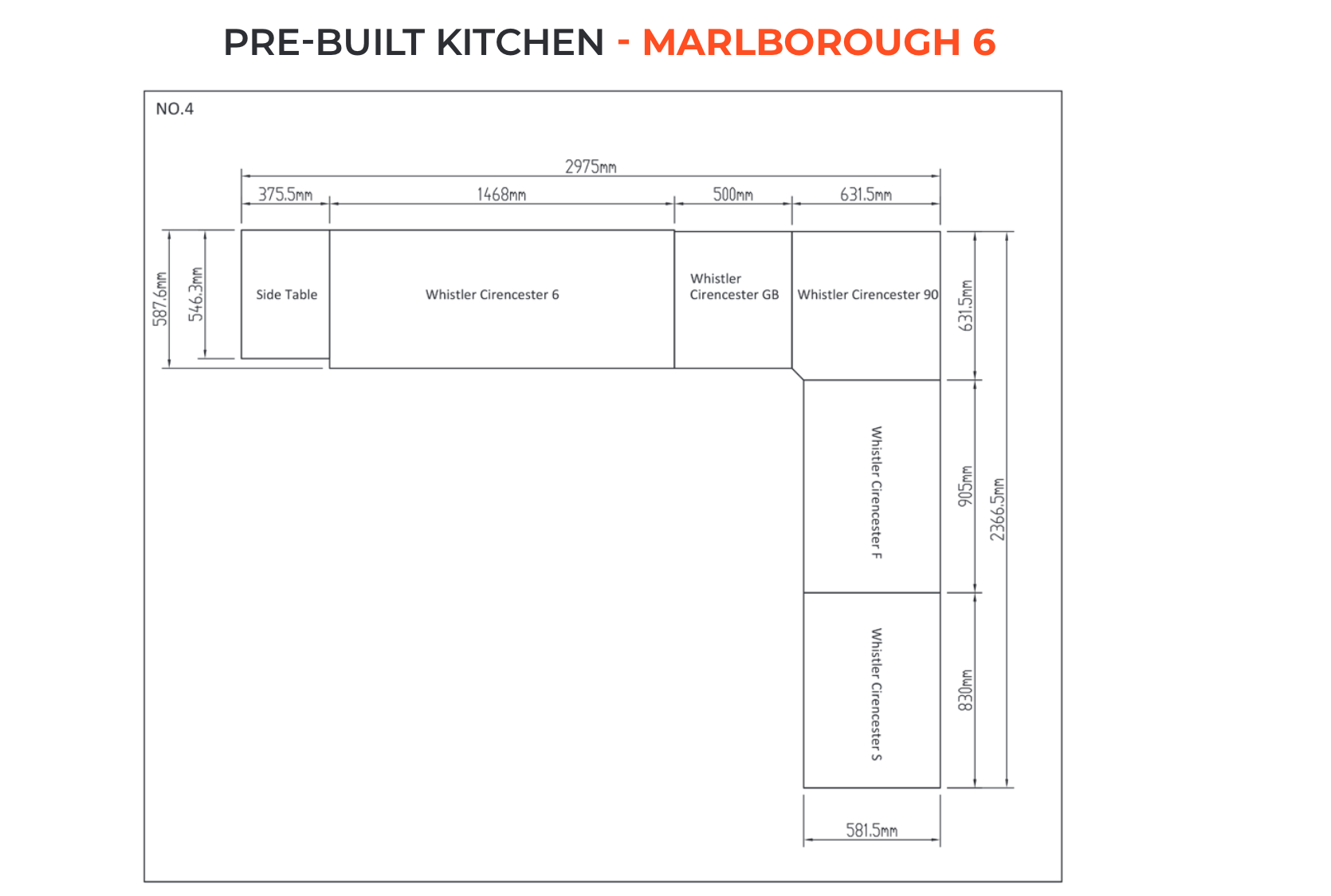 black and white diagram showing Marlborough 6 outdoor kitchen sizes