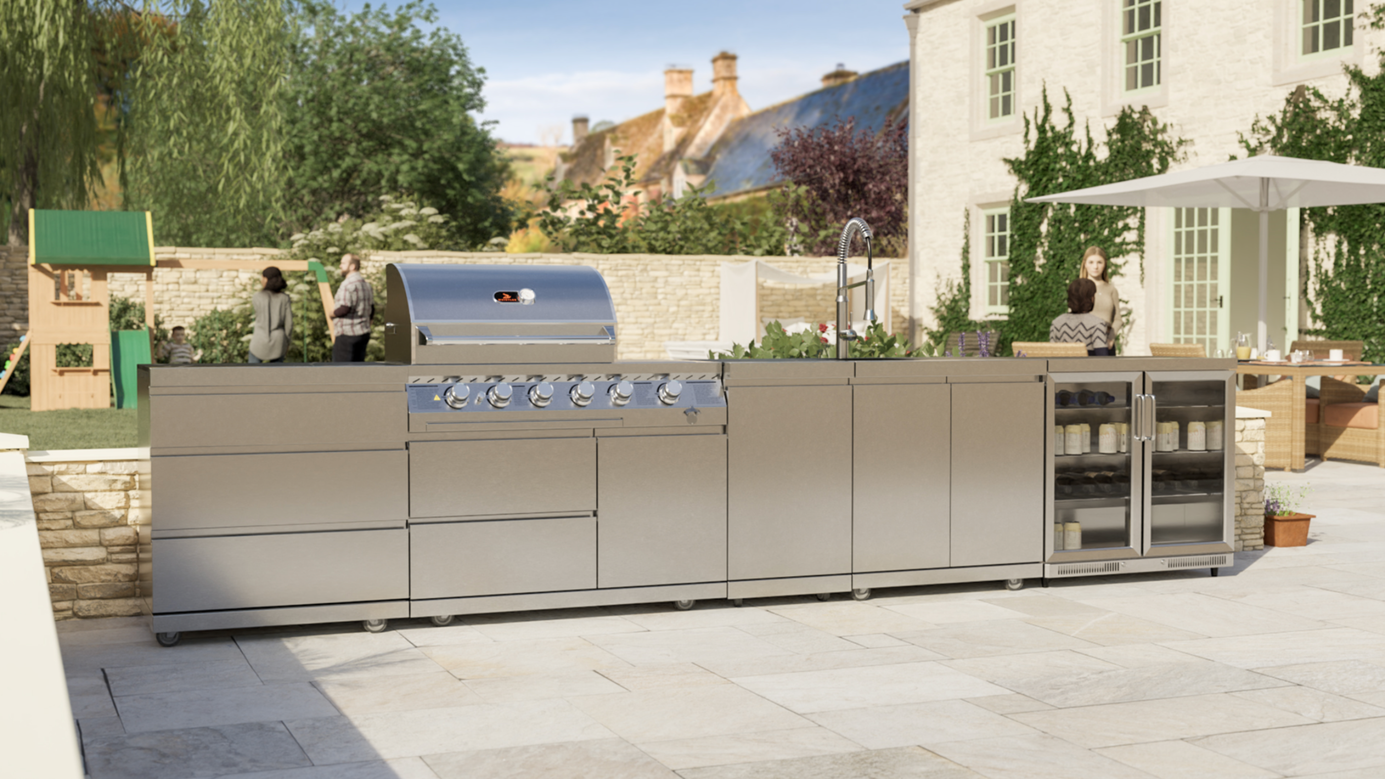 outdoor kitchen set outside house on patio