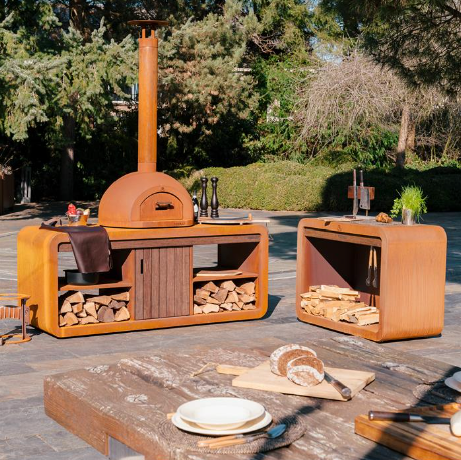 outdoor kitchen station in corten steel with wood storage