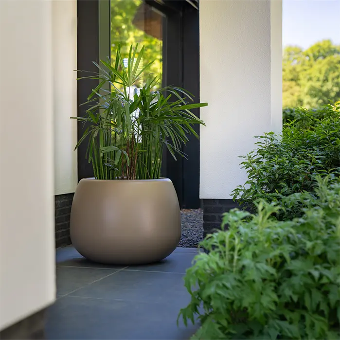 Grey round planter with smooth curves on dark paving slate outside. It is planted with shrubs.