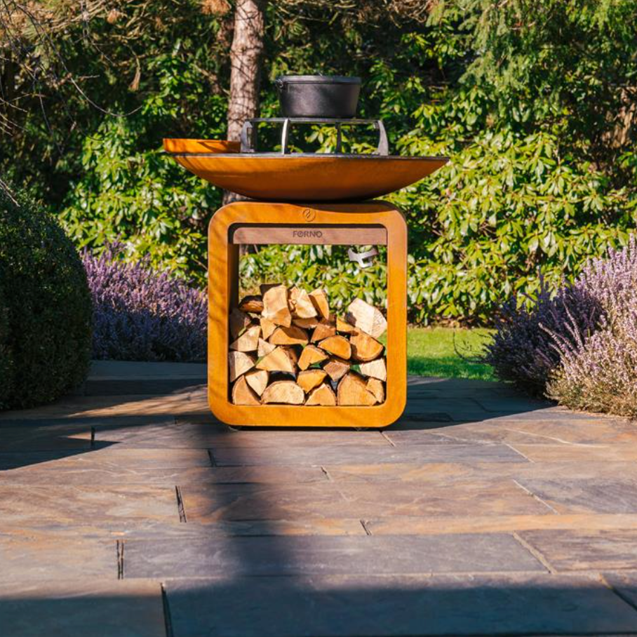 corten steel bbq with wood storage underneath