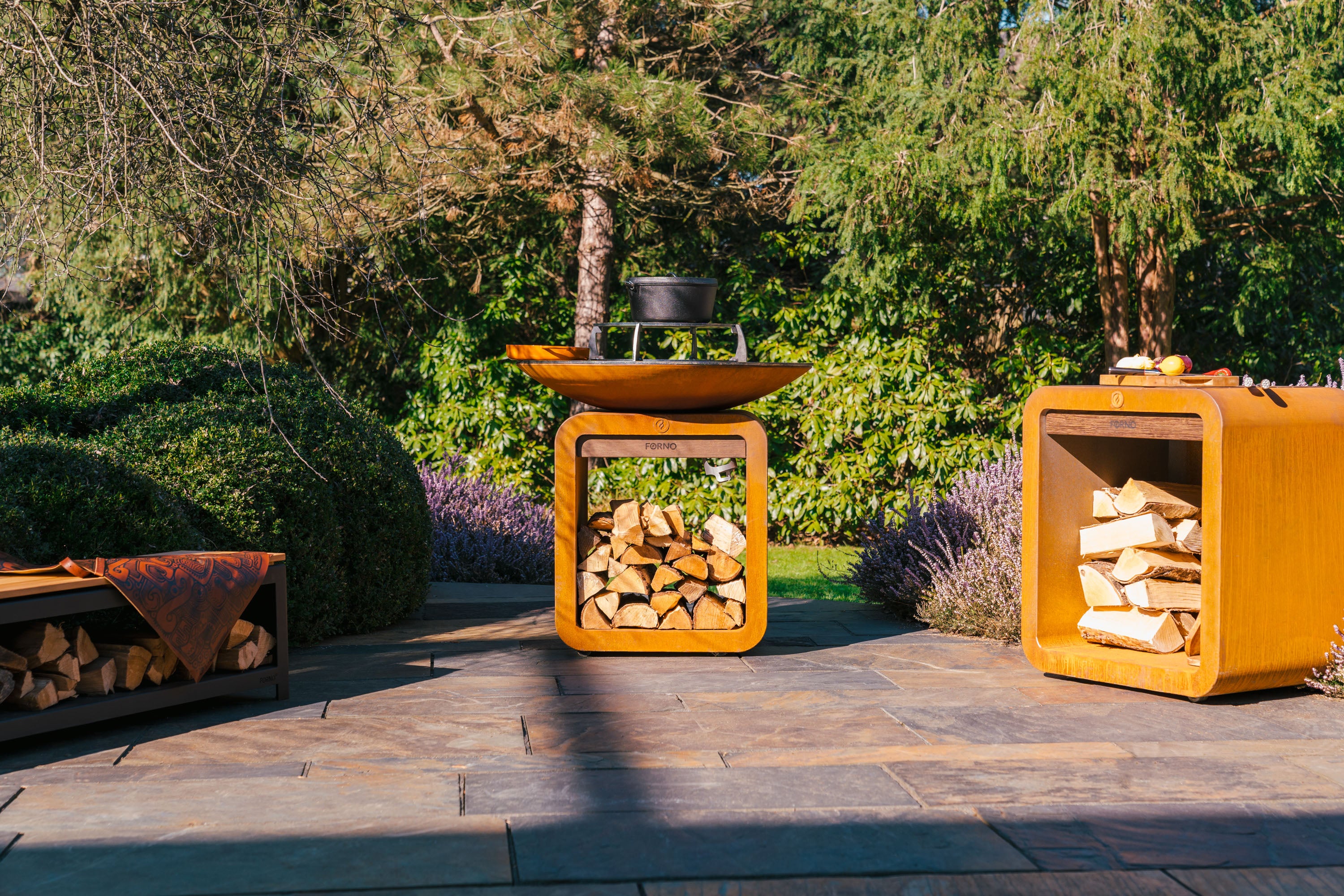 corten bbq and grill next to corten wood store in gardwn