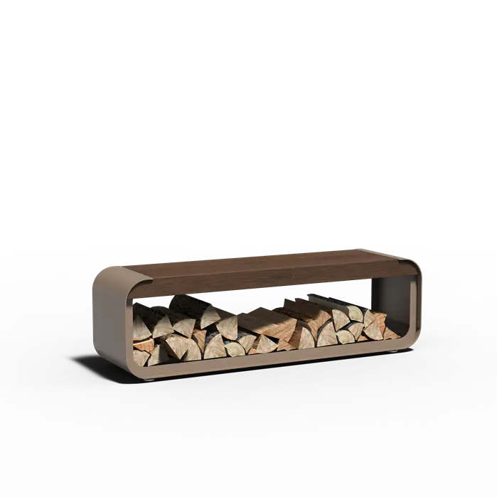 Wooden firewood holder with stacked logs on a white background