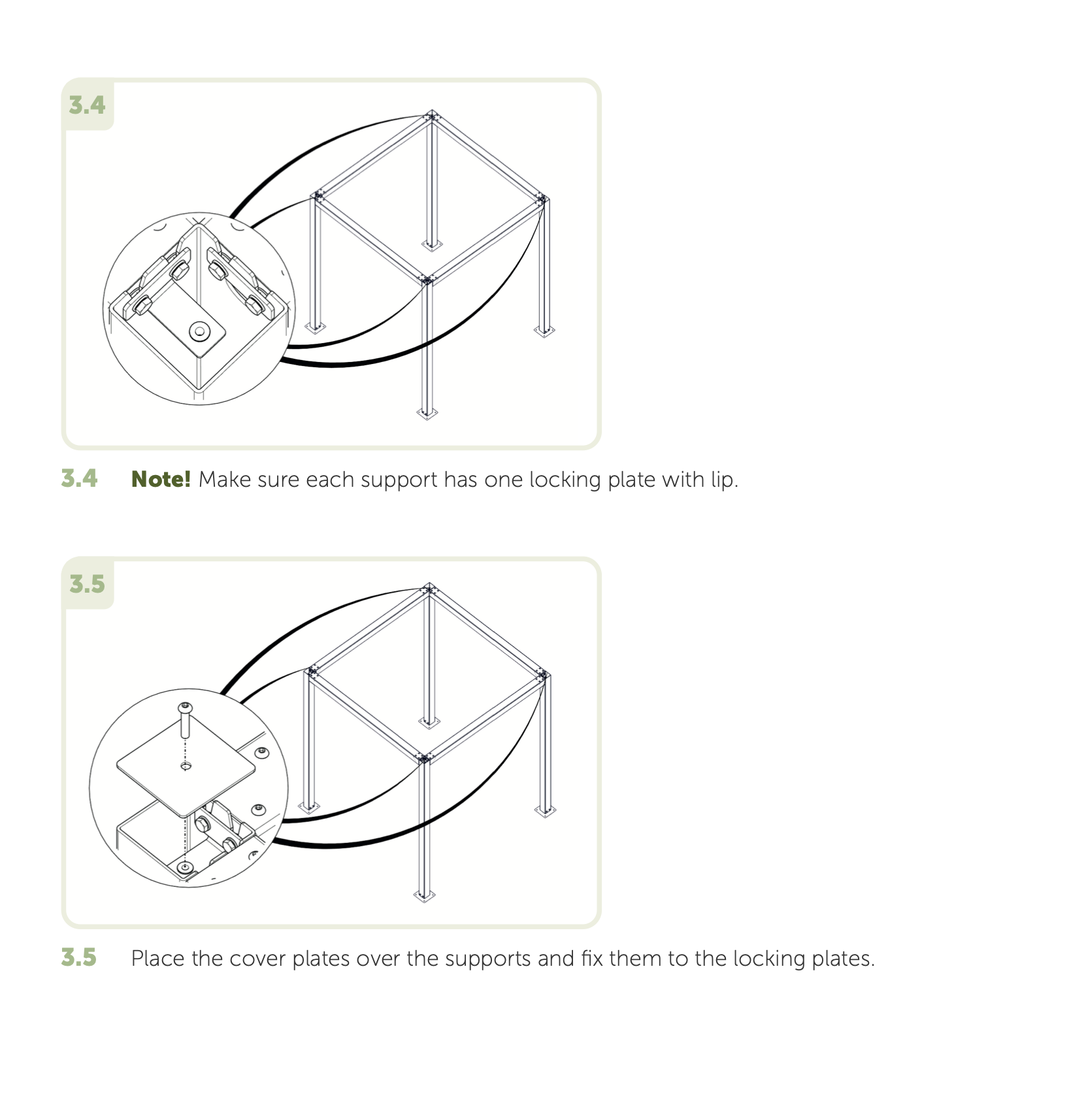 Step-by-step instructions for assembling a structure with diagrams and text on a white background.
