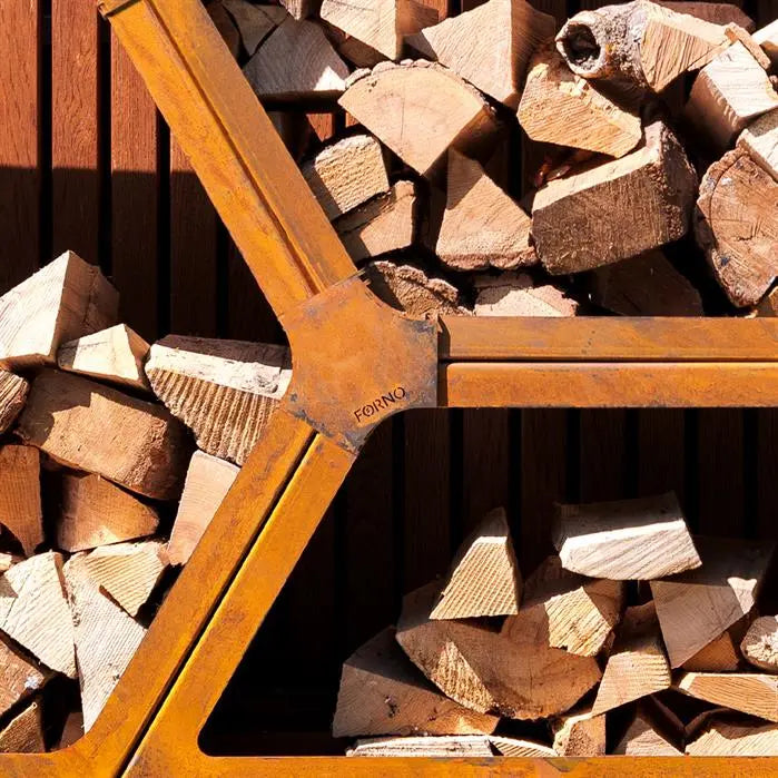 detail of connectors on hexaganol corten wood store