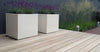 pair of white cube fibreglass planters on decking planted with lavender