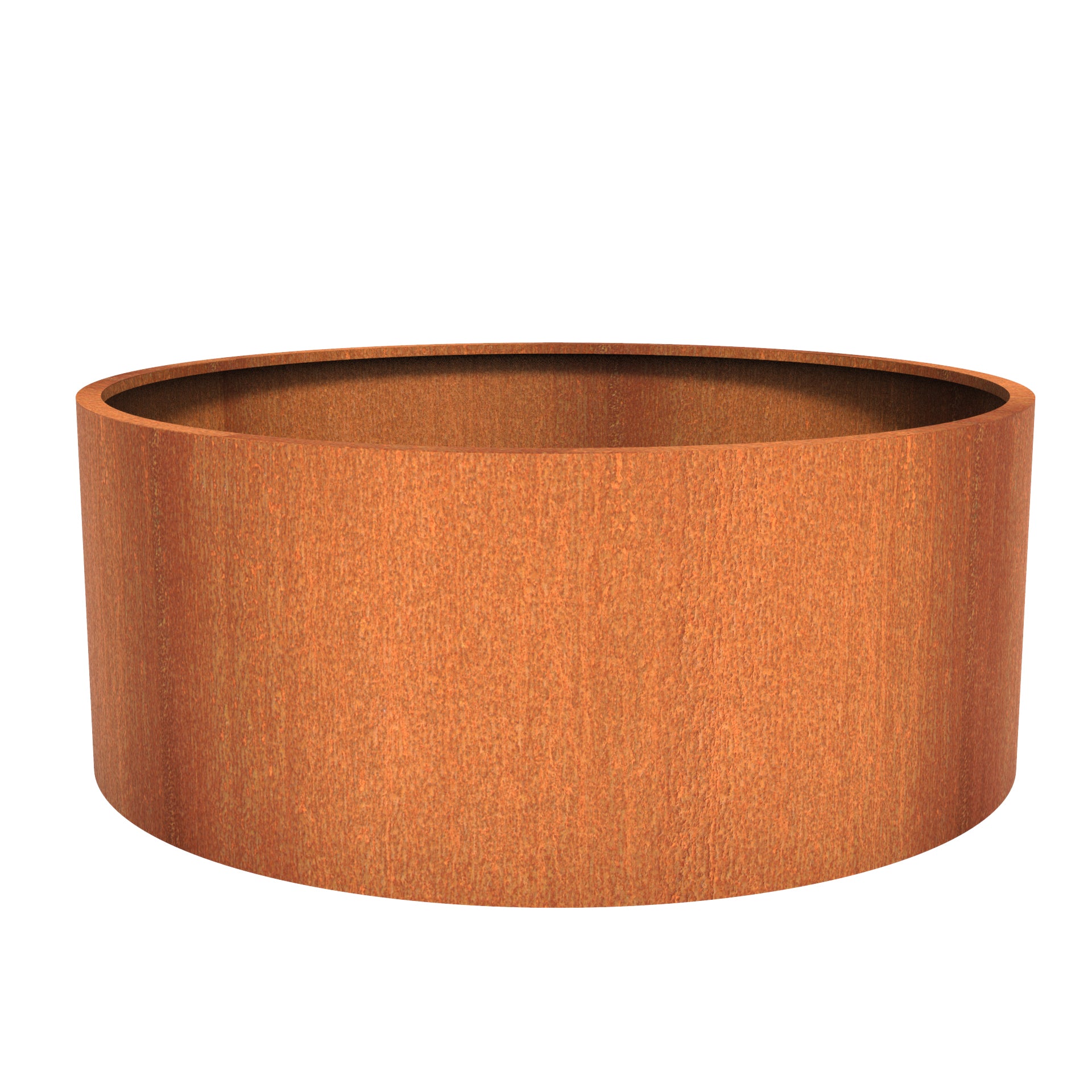 Round corten steel outdoor planter in a variety of sizes