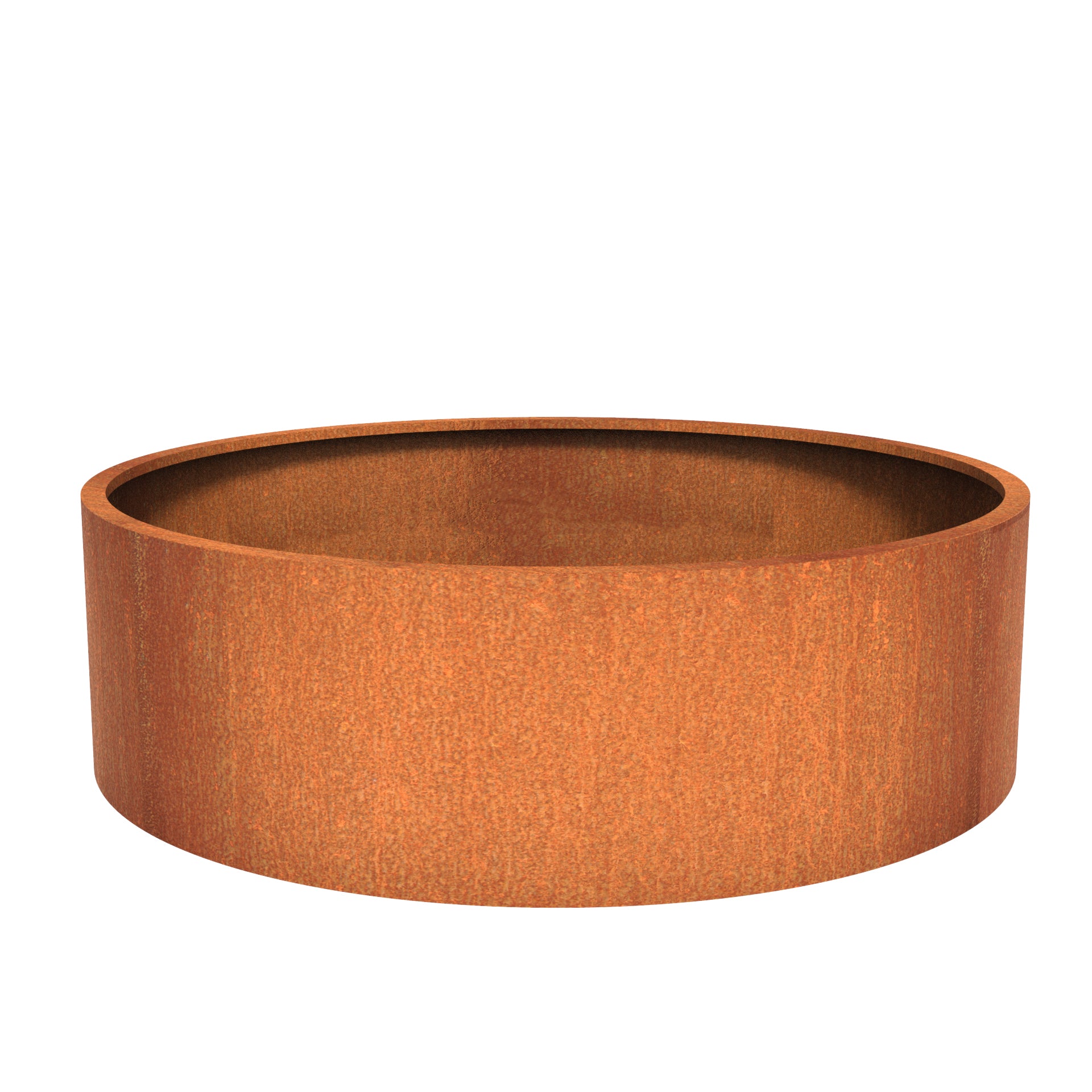 Round corten steel outdoor planter in a variety of sizes