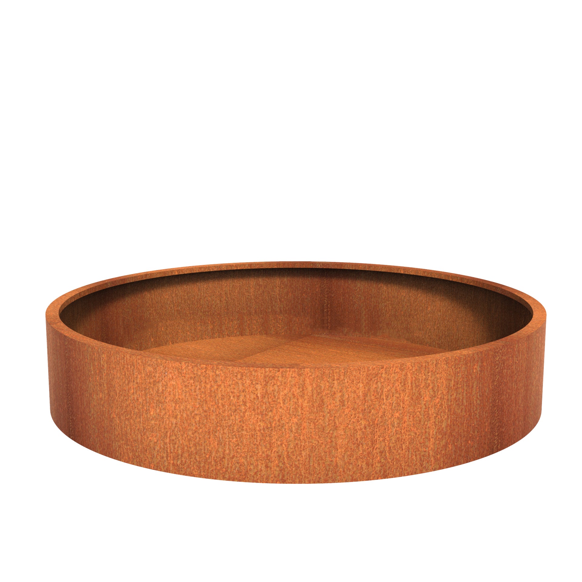 Round corten steel outdoor planter in a variety of sizes