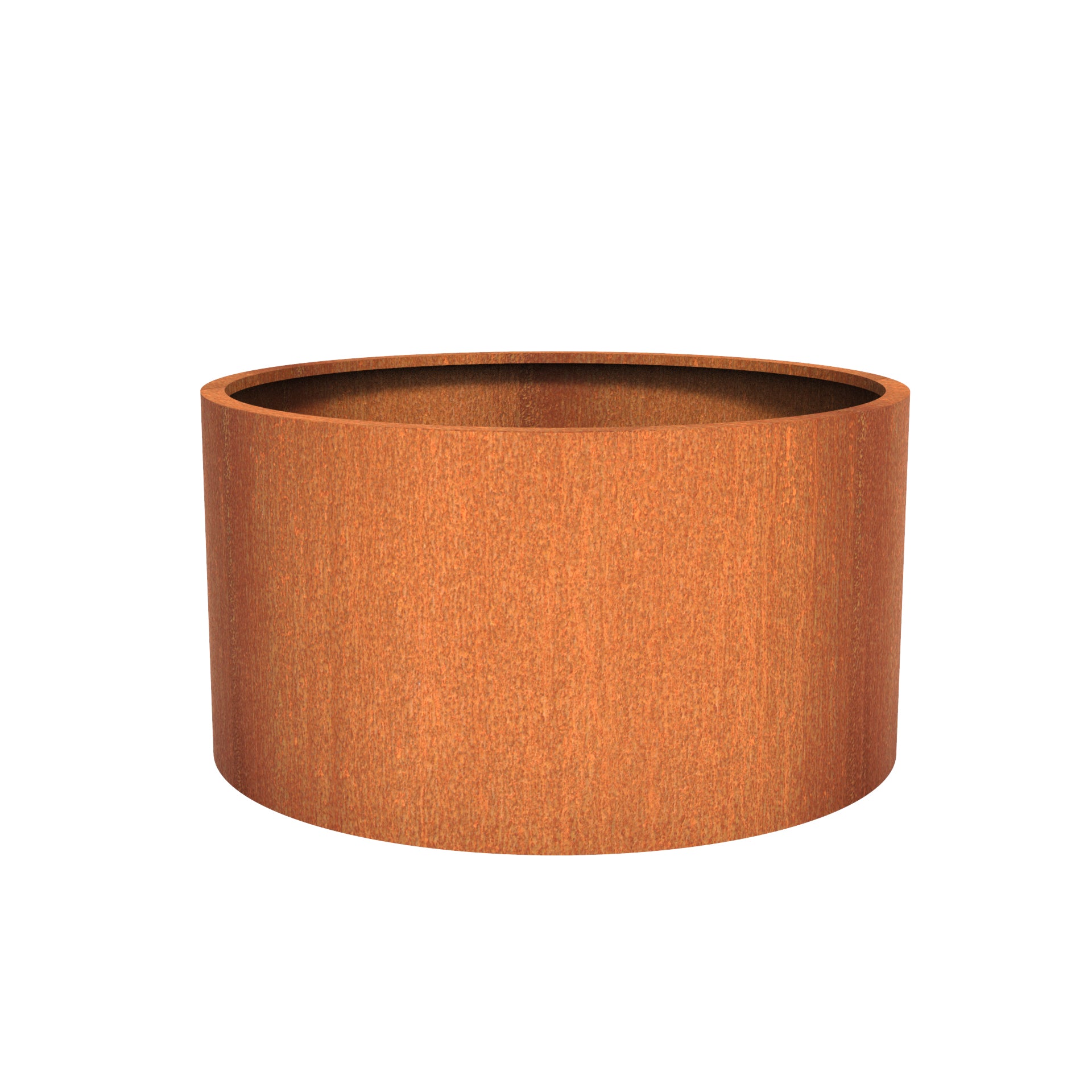 Round corten steel outdoor planter in a variety of sizes