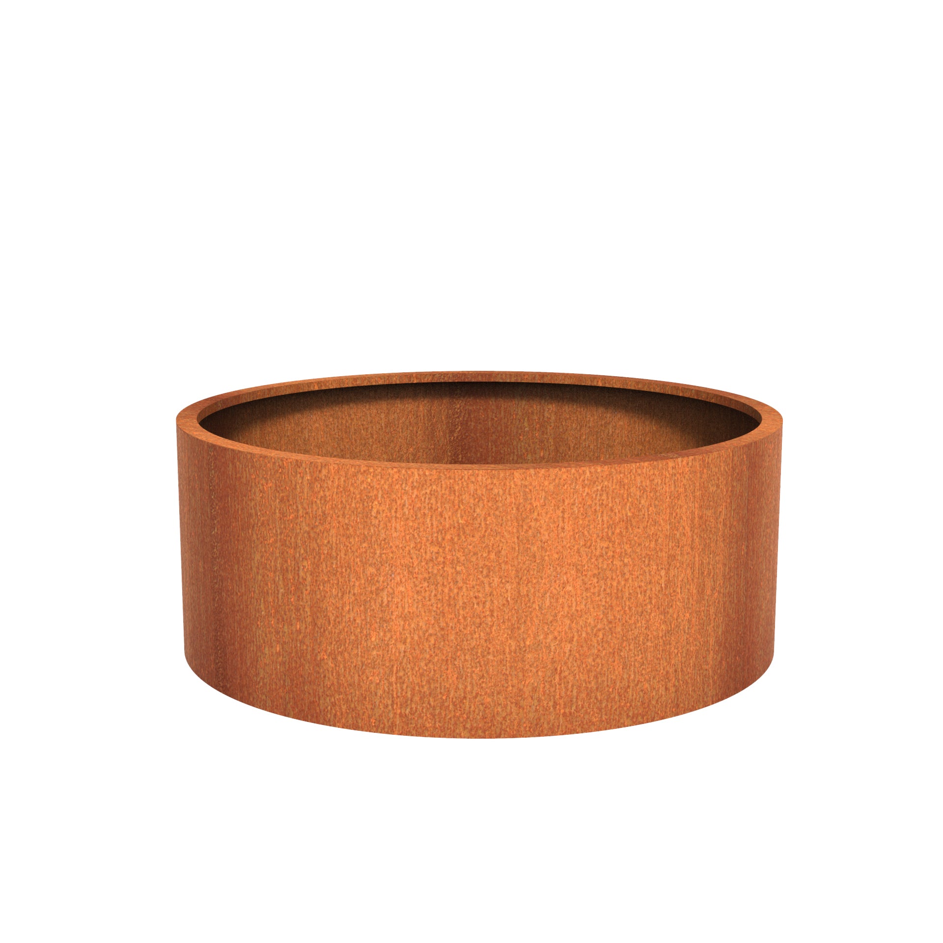 Round corten steel outdoor planter in a variety of sizes