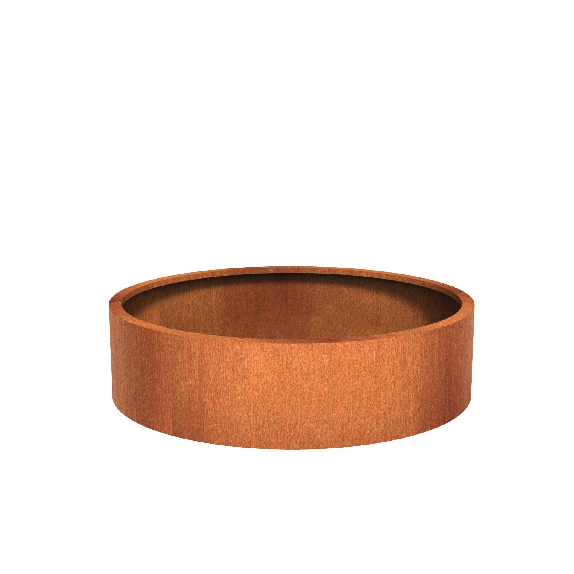 Round corten steel outdoor planter in a variety of sizes