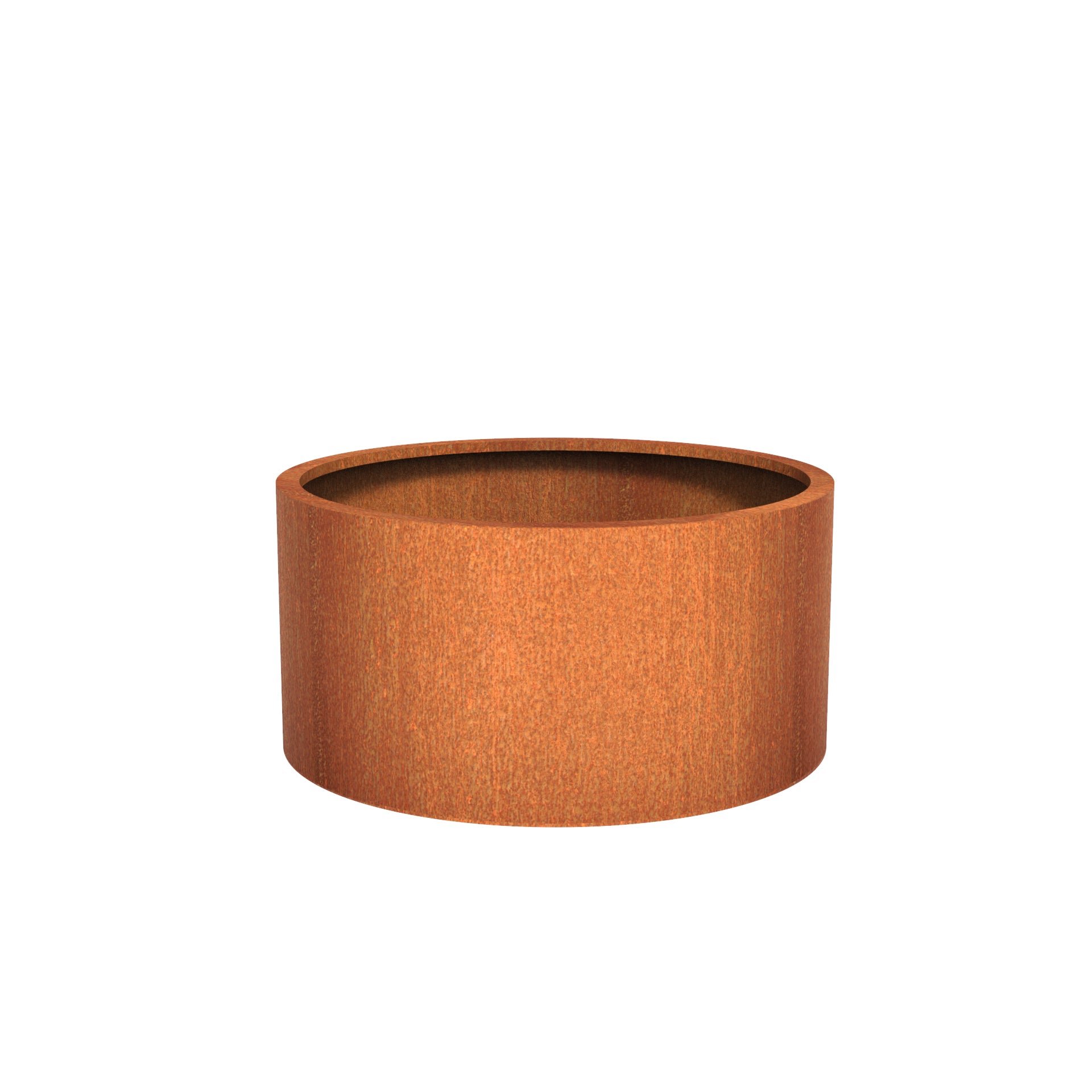 Round corten steel outdoor planter in a variety of sizes