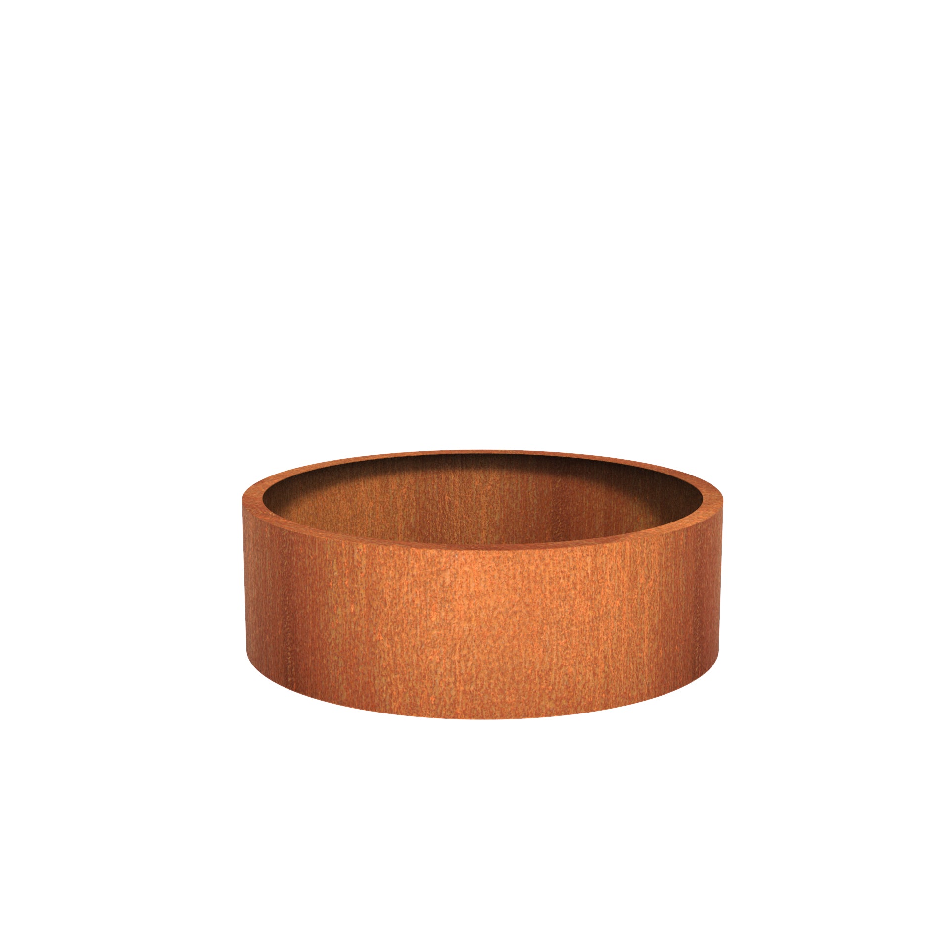 Round corten steel outdoor planter in a variety of sizes