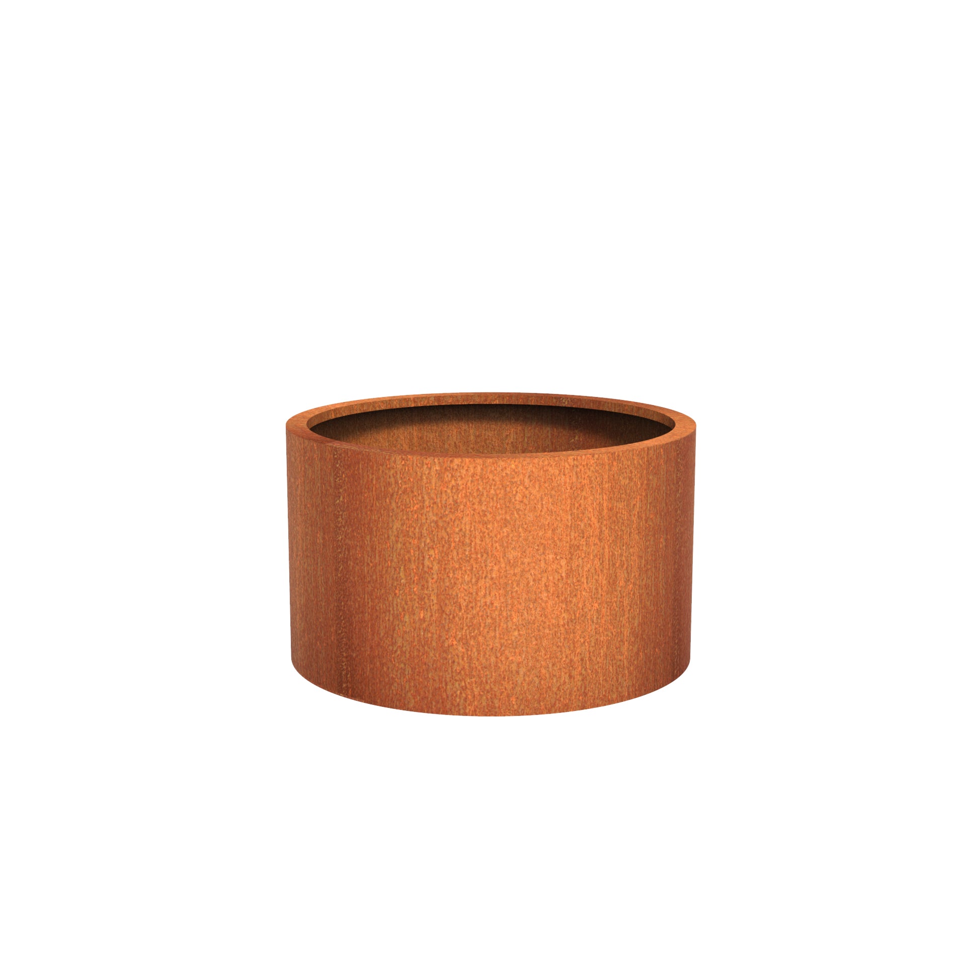 Round corten steel outdoor planter in a variety of sizes