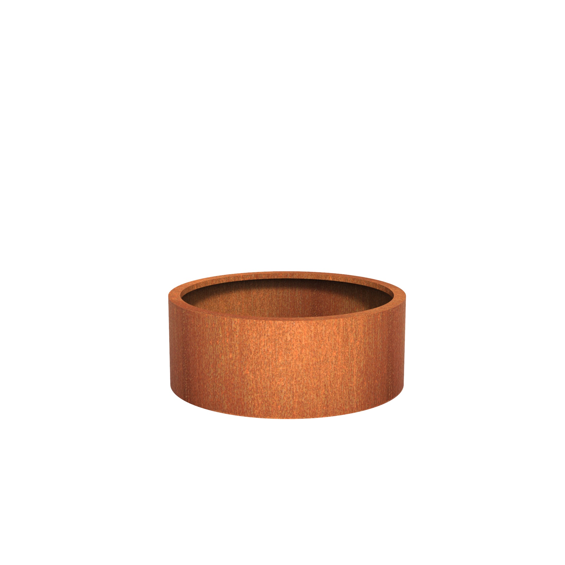 Round corten steel outdoor planter in a variety of sizes