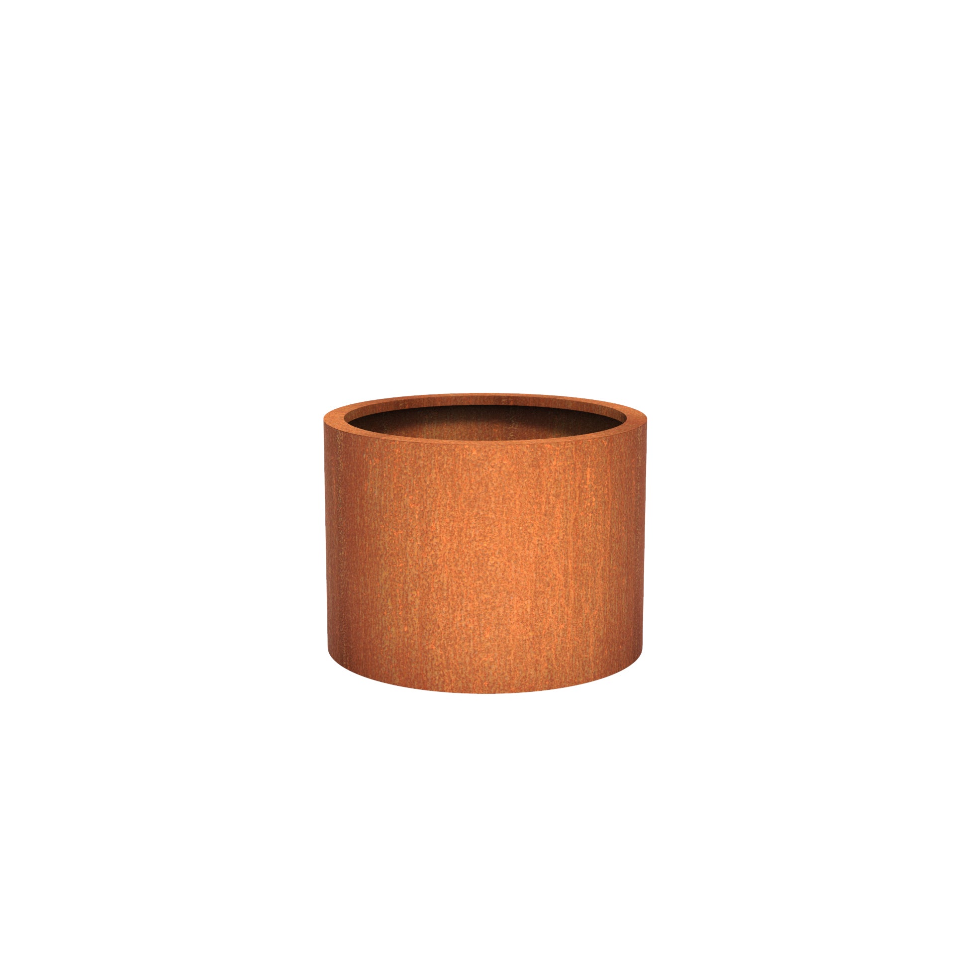 Round corten steel outdoor planter in a variety of sizes