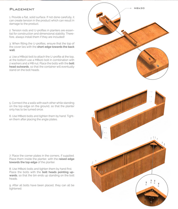 assembly , placement and planting guide for bottomless square corten steel garden planter 