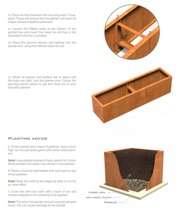 assembly , placement and planting guide for bottomless square corten steel garden planter