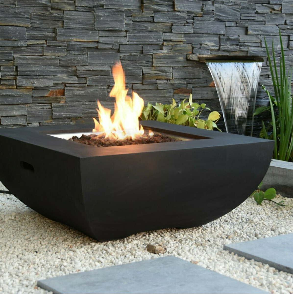 square, sleek black gas fire table