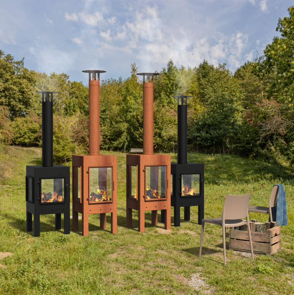4 outdoor fireplaces in a row, 2 corten steel and 2 black