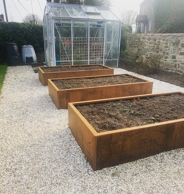 three corten raised beds without a base filled with soil