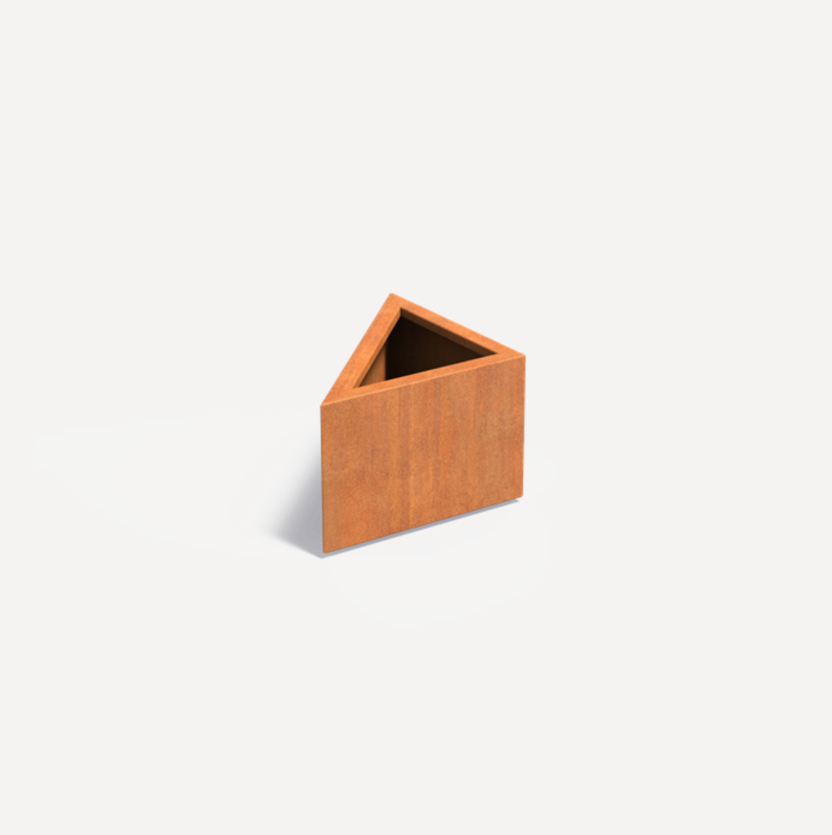 A corten steel triangular planter with a rusted finish.