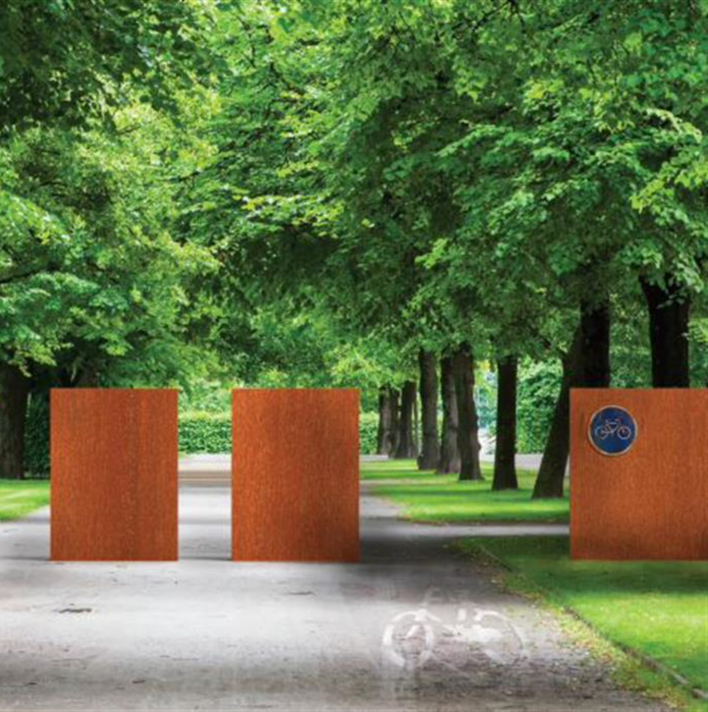 three corten steel feature walls in park land
